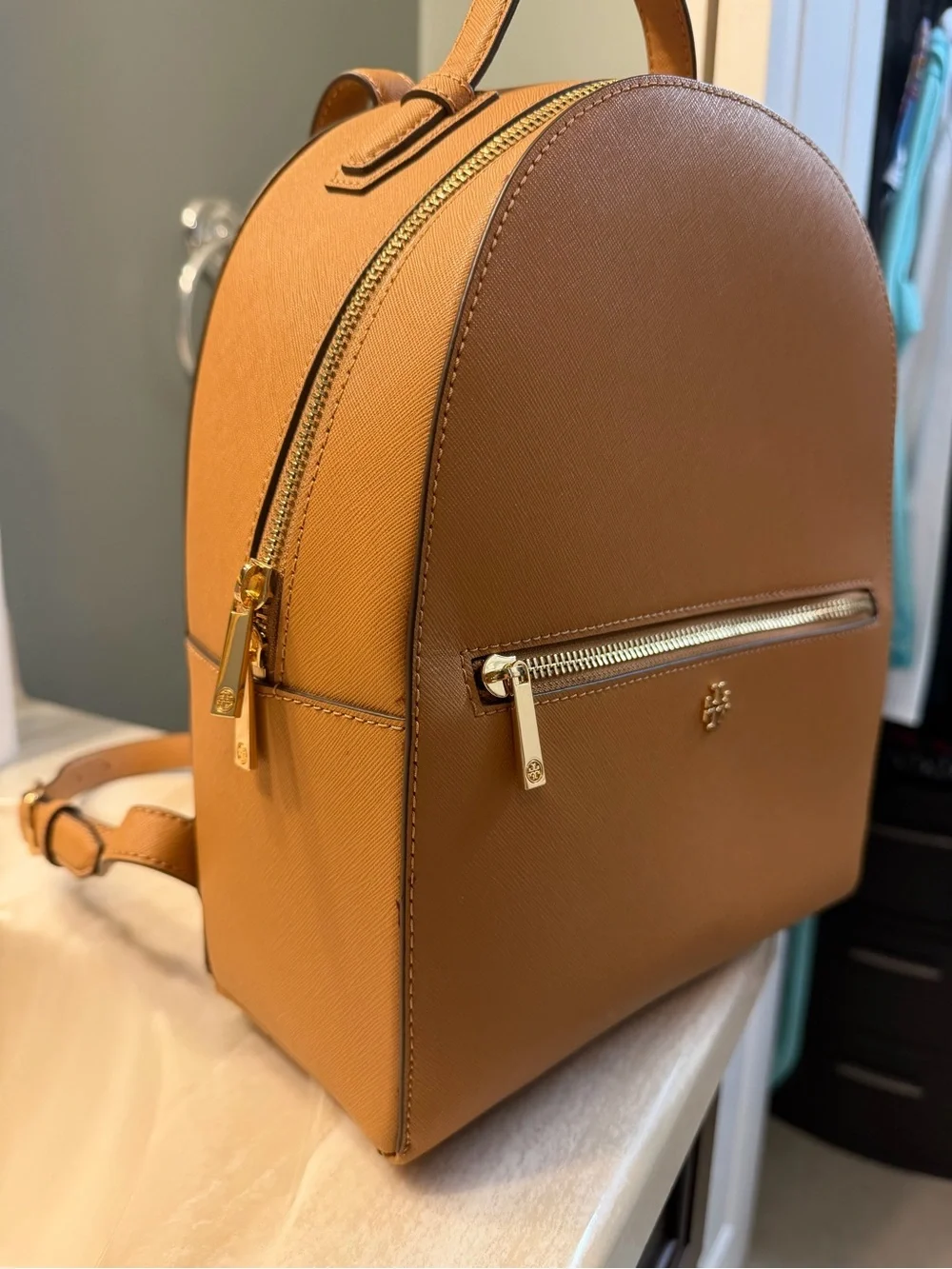 Tory Burch Caramel Tan Saffiano Leather Backpack